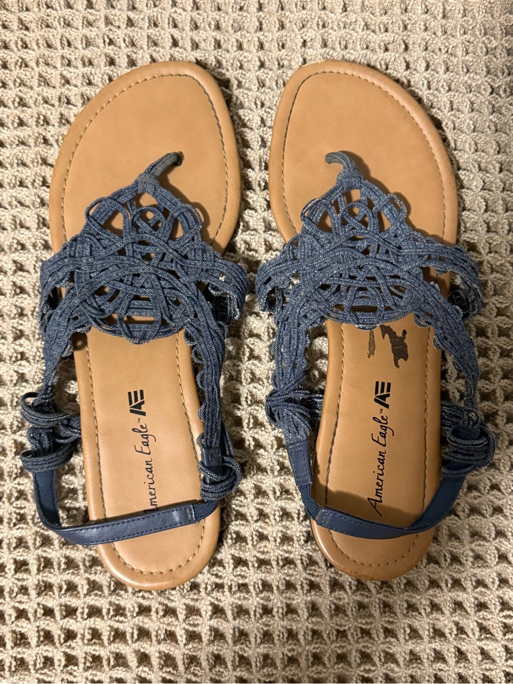 102. American Eagle Outfitters Navy Denim Braided Macramé Sandals Size 8.5
